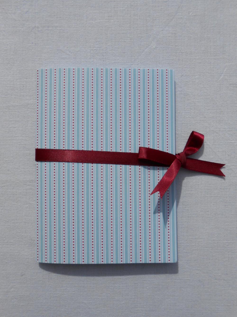 A6 Handstitched Notebook with Turquoise Stripes Aqua and Sea Blue Pages and Burgundy Ribbon