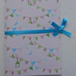 A5 Handstitched Notebook Bunting Butterflies Birdhouses Pink Cover with Turquoise Ribbon